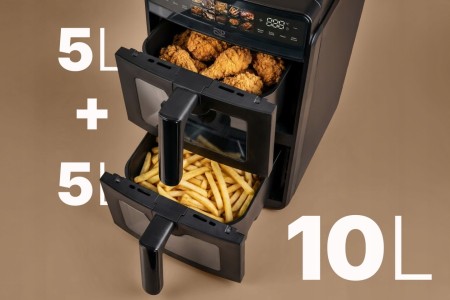 FRYTKOWNICA-BEZTLUSZCZOWA-AIR-FRYER-PROMIS-PODWOJNA-10L-DWUKOMOROWA-PIONOWA-Pojemnosc-misy-10-l